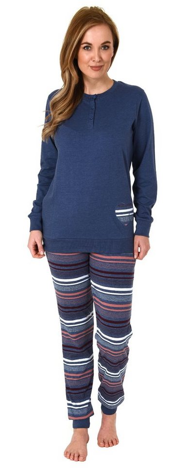 Normann Pyjama Damen Pyjama mit Bündchen und gestreifter Hose + Herzmotiv von Normann