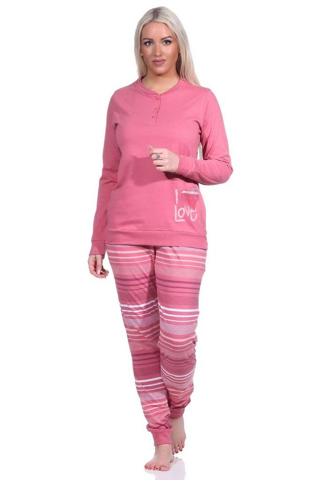 Normann Pyjama Damen Pyjama mit Bündchen und gestreifter Hose + Herzmotiv von Normann