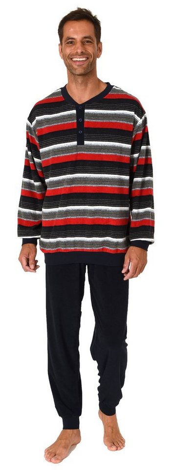Normann Pyjama Herren Frottee langarm Schlafanzug mit Bündchen und Hals-Knopfleiste von Normann