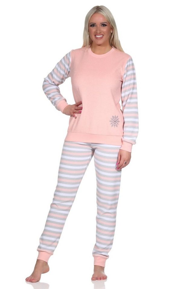 Normann Pyjama Geringelter Damen Frottee Schlafanzug langarm Pyjama mit Eiskristall von Normann