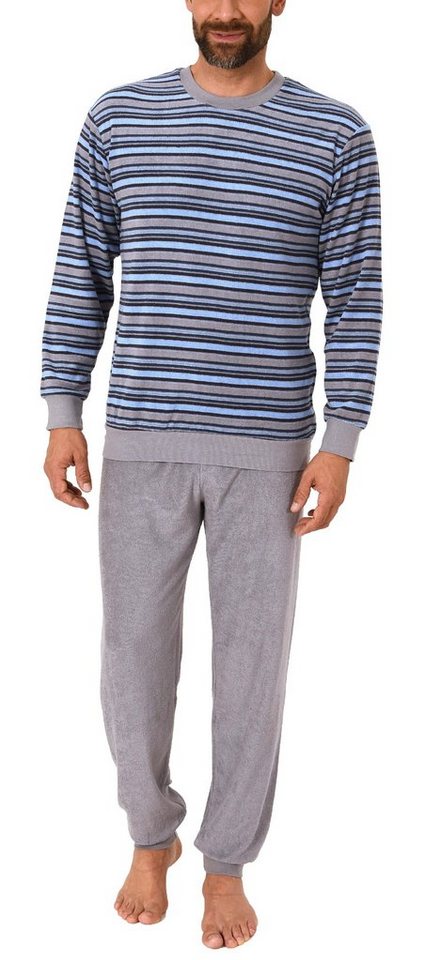 Normann Pyjama Herren Frottee Pyjama langarm mit Bündchen in Streifenoptik von Normann