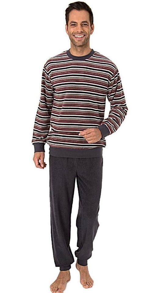 Normann Pyjama Herren Frottee Pyjama langarm mit Bündchen in Streifenoptik von Normann