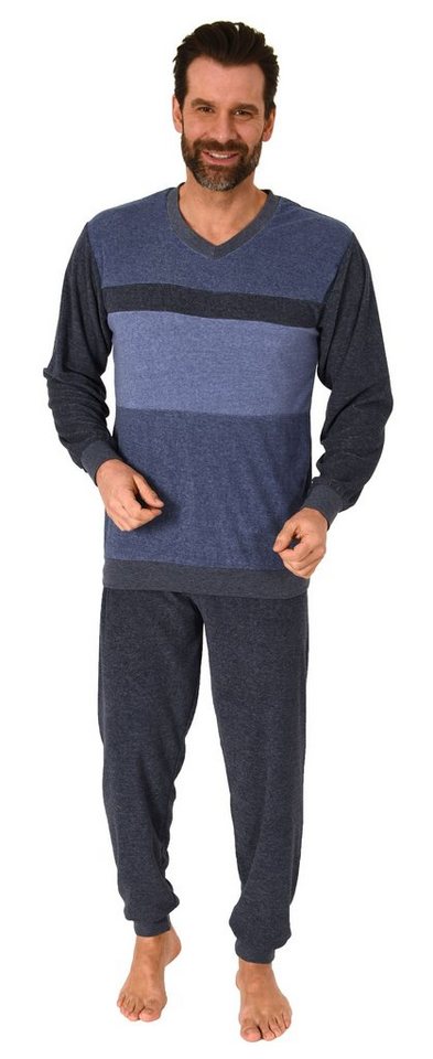 Normann Pyjama Herren Frottee Schlafanzug langarm mit Bündchen in Blockstreifenoptik von Normann