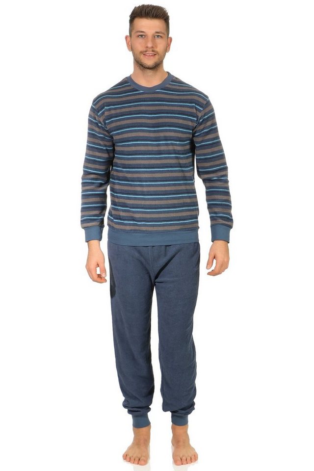 Normann Pyjama Herren Frottee langarm Schlafanzug mit Bündchen in Streifenoptik von Normann