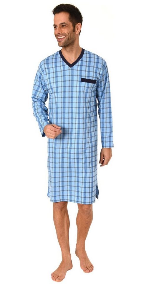 Normann Pyjama Herren Nachthemd langarm mit V-Hals und Brusttasche in Karo-Optik von Normann