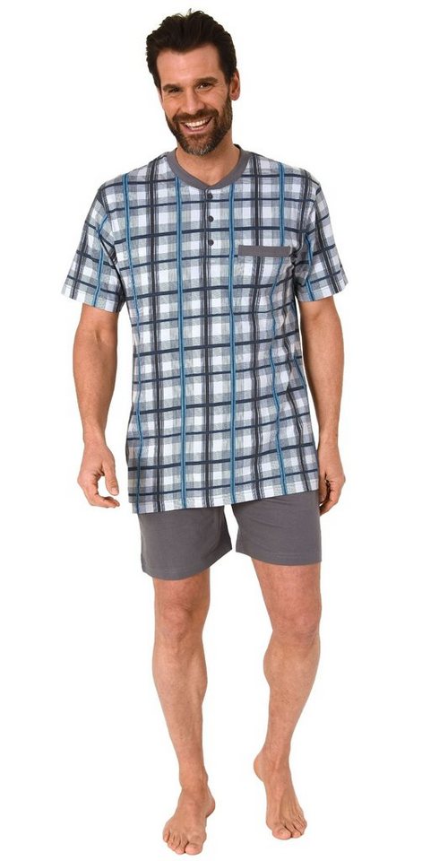 Normann Pyjama Herren Shorty Schlafanzug kurzarm mit Knopfleiste am Hals, Karo Optik von Normann