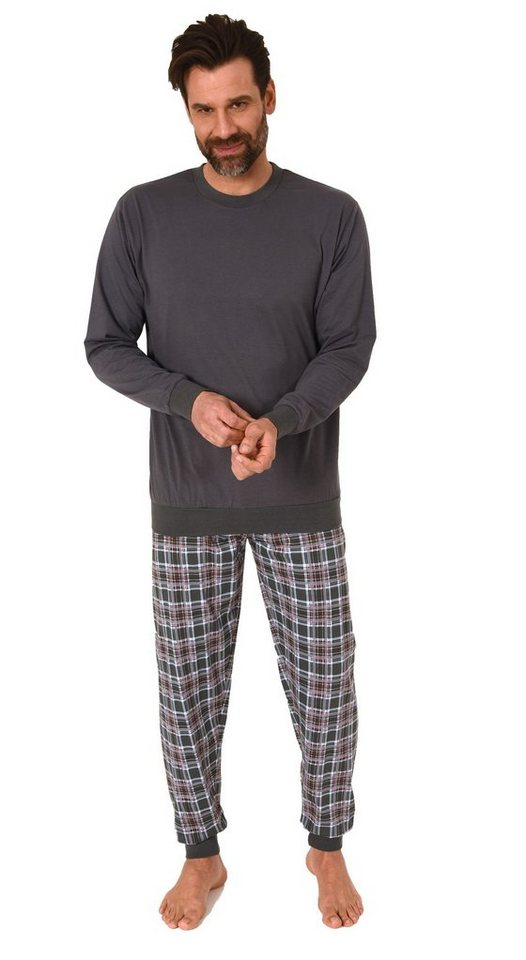 Normann Pyjama Herren langarm Schlafanzug mit Bündchen und karierter Jersey Hose von Normann