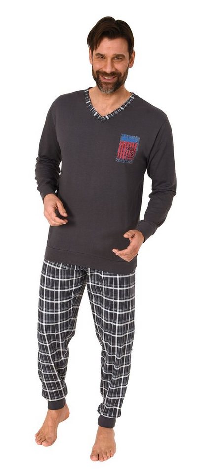 Normann Pyjama Herren langarm Schlafanzug mit Bündchen und karierter Jersey Hose von Normann