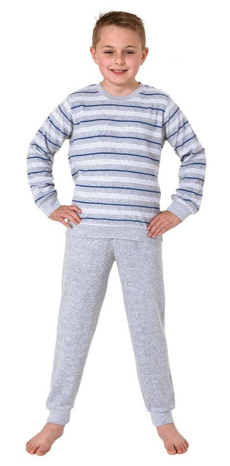 Normann Pyjama Jungen Frottee Schlafanzug langarm mit Bündchen in Streifenoptik von Normann