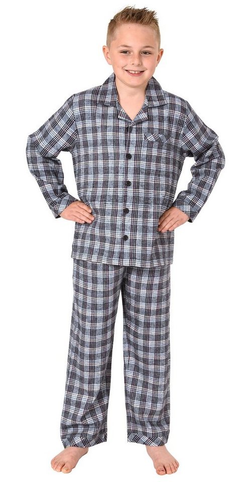 Normann Pyjama Jungen langarm Flanell Schlafanzug in Karo Optik zum durchknöpfen von Normann