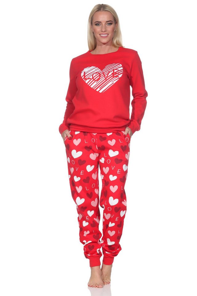 Normann Pyjama Kuscheliger Damen Schlafanzug lang mit Bündchen und Herz Motiv von Normann