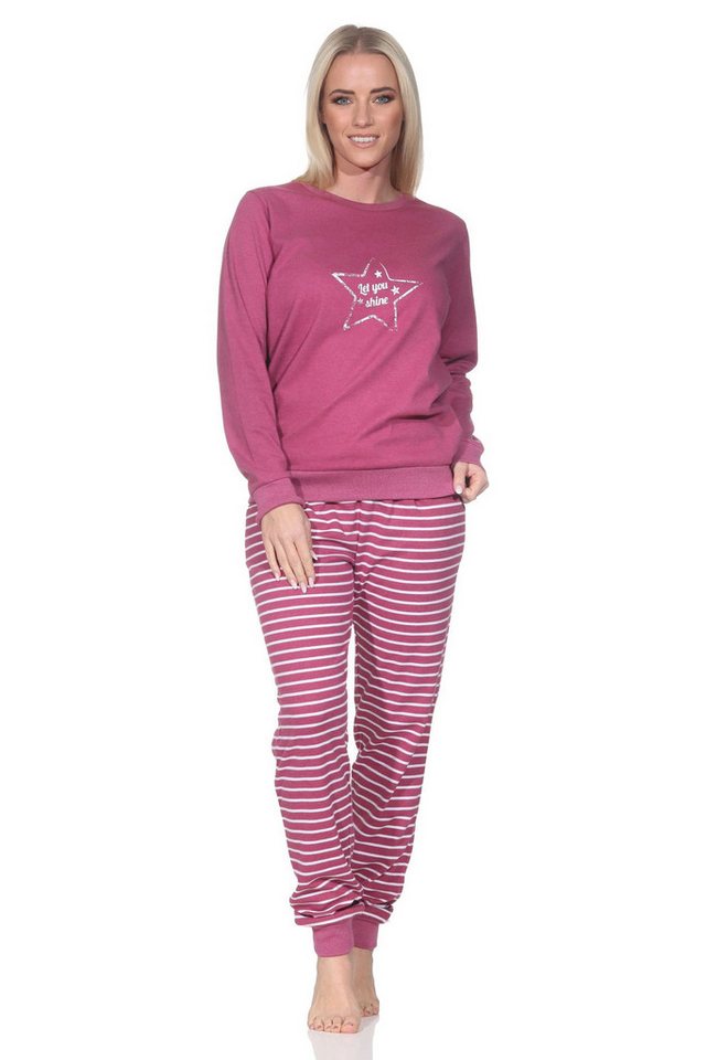 Normann Pyjama Kuscheliger Damen Schlafanzug lang mit Bündchen und Stern Motiv von Normann