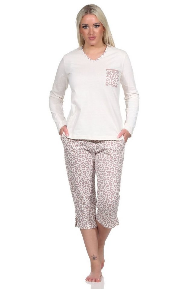 Normann Pyjama Damen Pyjama kurzarm Schlafanzug mit Caprihose in Leo-Print Optik von Normann