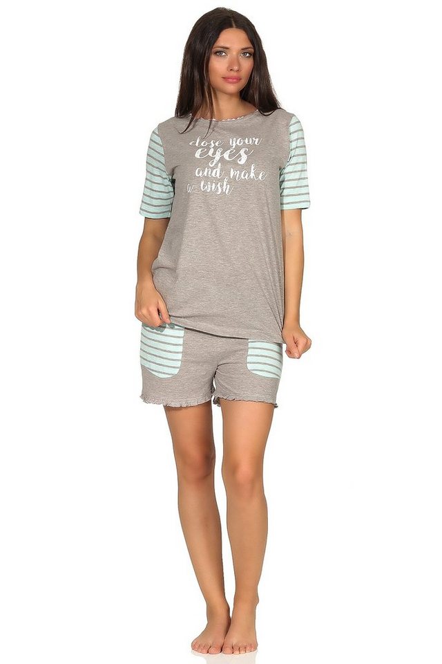 Normann Pyjama Damen Shorty Pyjama kurzarm im College-Look und abgesetzten Ärmeln von Normann