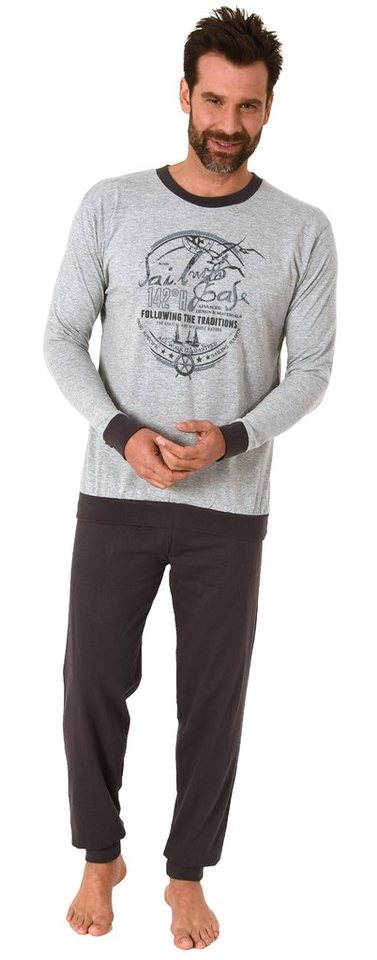 Normann Pyjama Herren Schlafanzug langarm mit Bündchen Pyjama mit maritimen Print von Normann