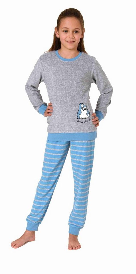 Normann Pyjama Mädchen Frottee Schlafanzug mit Bündchen und Pinguin-Stickerei von Normann