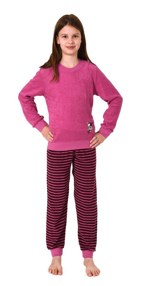 Normann Pyjama Mädchen Frottee Schlafanzug langarm mit Bündchen & Eulen-Applikation von Normann