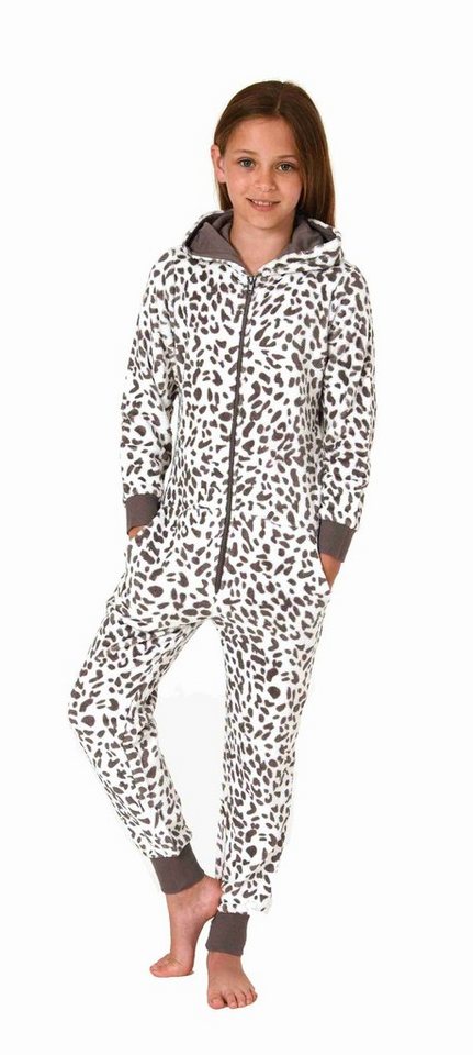 Normann Pyjama Mädchen Schlafanzug Einteiler Jumpsuit aus Coralfleece im Animal Look von Normann