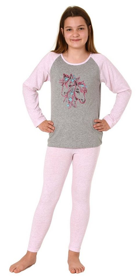 Normann Pyjama Mädchen Schlafanzug langarm, Pyjama mit süßem Pferde-Motiv von Normann