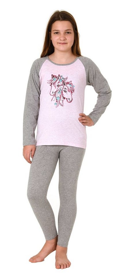 Normann Pyjama Mädchen Schlafanzug langarm, Pyjama mit süßem Pferde-Motiv von Normann