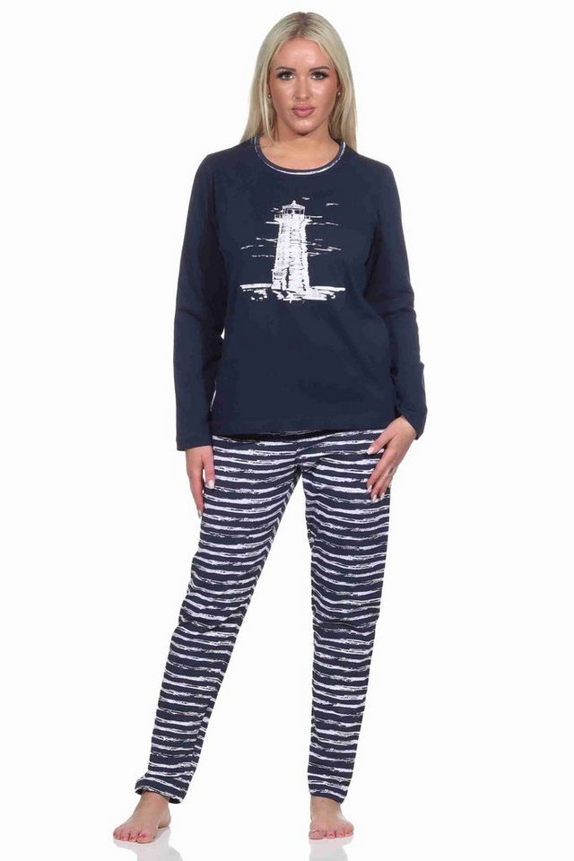 Normann Pyjama Maritim gestreifter Damen langarm Schlafanzug mit Leuchtturm Motiv von Normann