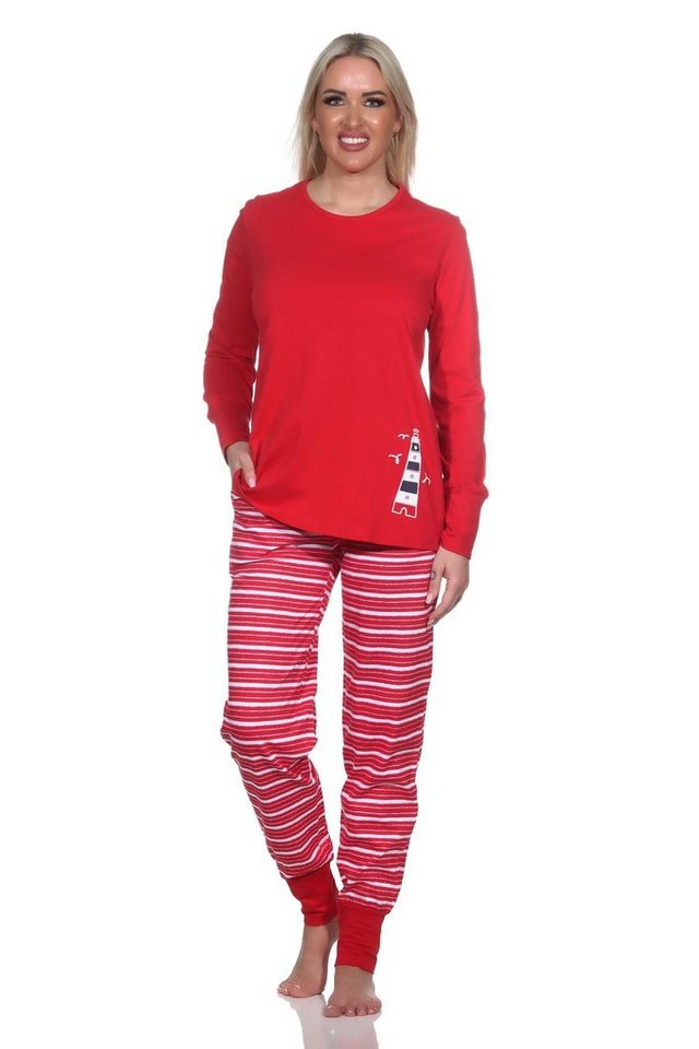 Normann Pyjama Maritimer Damen Schlafanzug mit Bündchen und Leuchtturm als Motiv von Normann