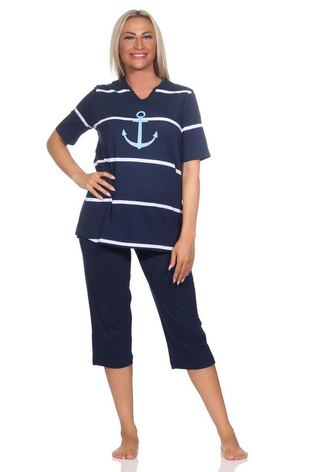 Normann Pyjama Maritimer Damen kurzarm Capri Schlafanzug mit Anker Motiv von Normann