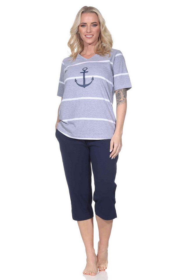 Normann Pyjama Maritimer Damen kurzarm Capri Schlafanzug mit Anker Motiv von Normann
