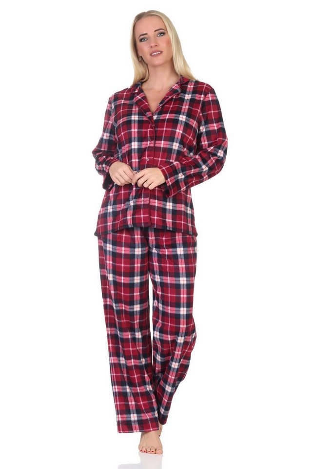 Normann Pyjama Normann Damen Fleece Schlafanzug in edler Karo-Optik zum durchknöpfen von Normann