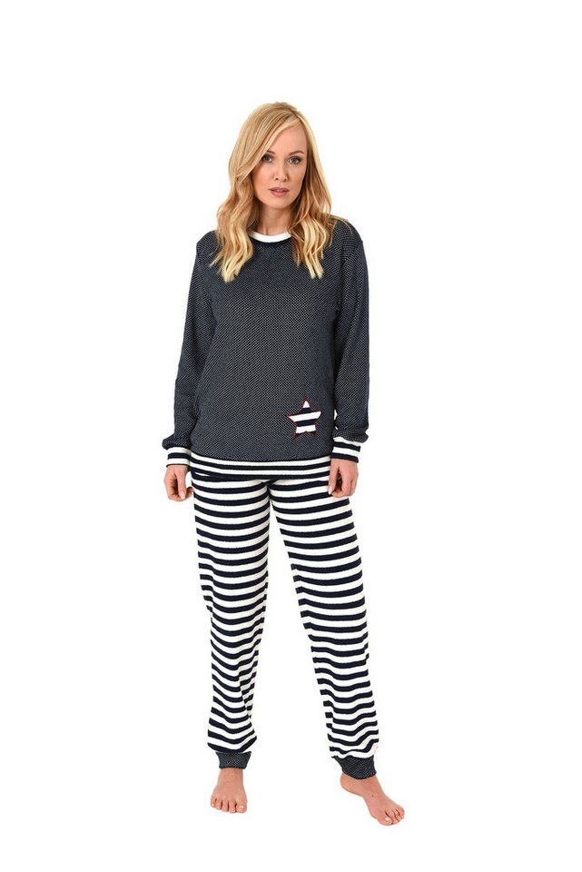 Normann Pyjama Normann Damen Frottee Pyjama mit Bündchen in Tupfen- und Ringeldesign von Normann