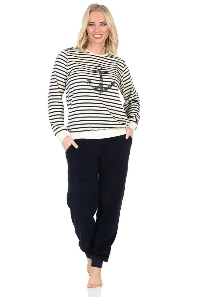 Normann Pyjama Normann Damen Frottee Schlafanzug in maritimer Optik und Anker Motiv von Normann