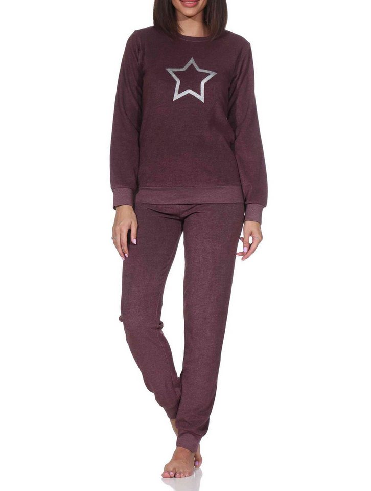 Normann Pyjama Normann Damen Frottee Schlafanzug lang mit Bündchen + Sterne Motiv von Normann