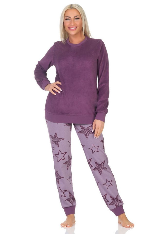 Normann Pyjama Normann Damen Frottee Schlafanzug lang mit Bündchen in Sterne Optik von Normann