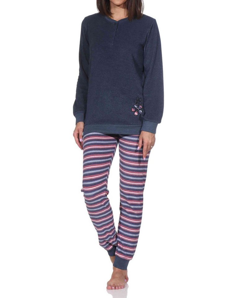 Normann Pyjama Normann Damen Frottee Schlafanzug langarm mit Bündchen Hose gestreift von Normann