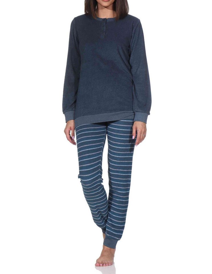 Normann Pyjama Normann Damen Frottee Schlafanzug langarm mit Bündchen Hose gestreift von Normann