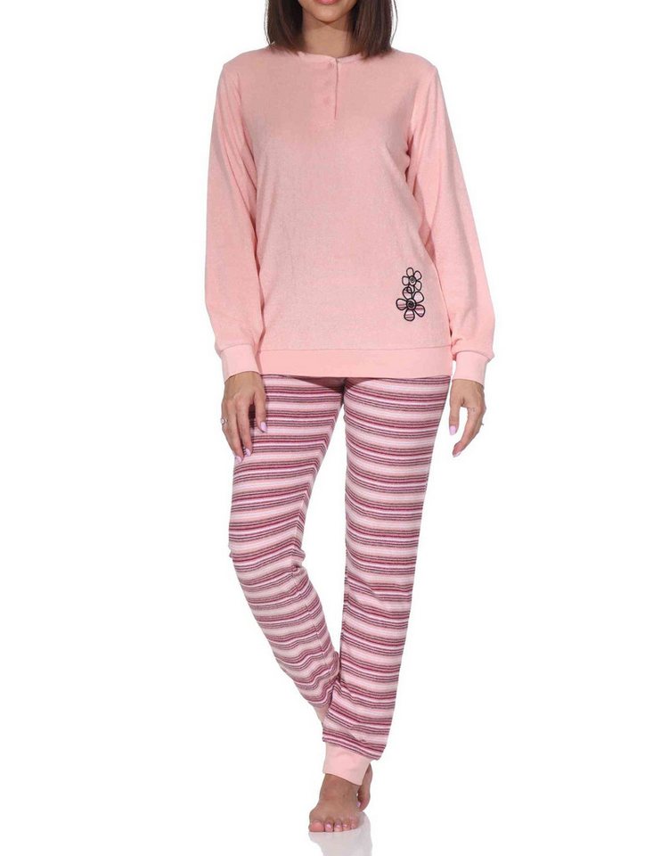 Normann Pyjama Normann Damen Frottee Schlafanzug langarm mit Bündchen Hose gestreift von Normann