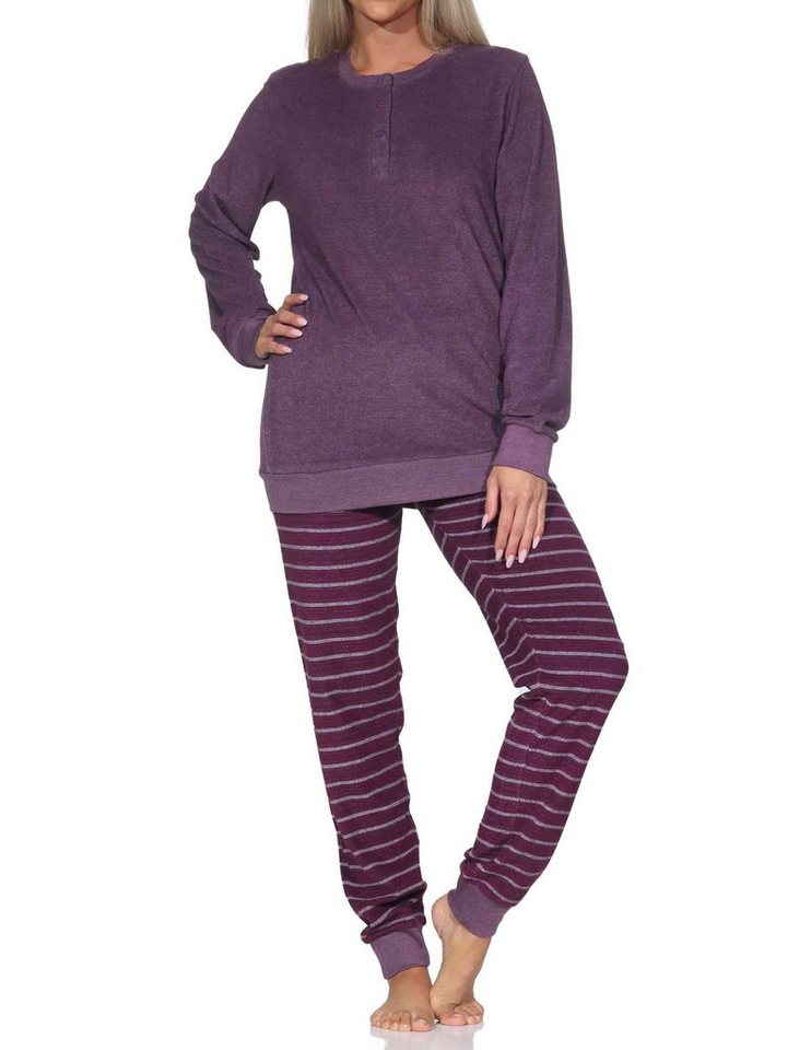 Normann Pyjama Normann Damen Frottee Schlafanzug langarm mit Bündchen Hose gestreift von Normann
