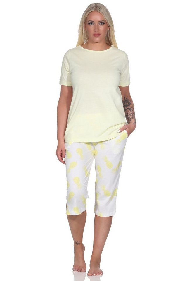 Normann Pyjama Damen Kurzarm Schlafanzug mit Caprihose Homewear und Ananas als Motiv von Normann