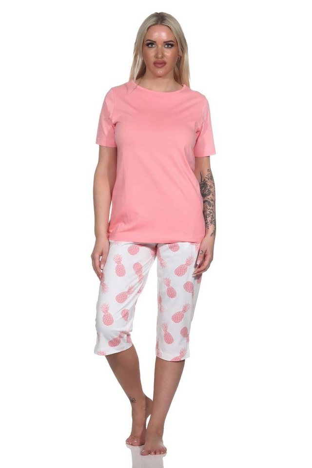 Normann Pyjama Damen Kurzarm Schlafanzug mit Caprihose Homewear und Ananas als Motiv von Normann