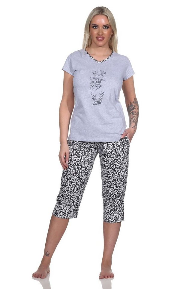 Normann Pyjama Damen Capri Kurzarm Schlafanzug mit Tiermotiv im Animal-Print-Look von Normann