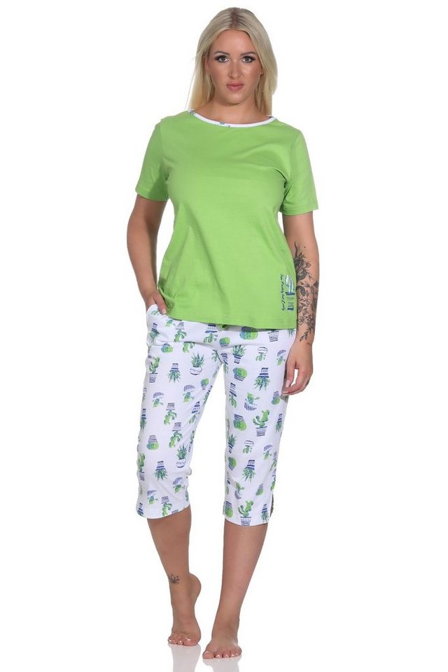Normann Pyjama Damen Capri Kurzarm Schlafanzug mit Kaktus als Motiv von Normann