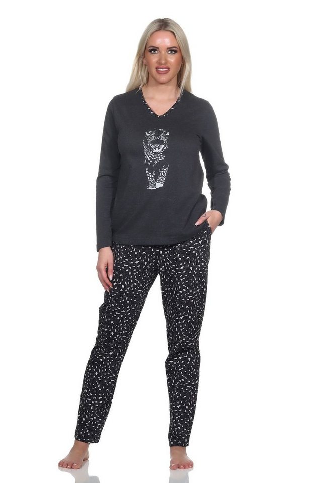 Normann Pyjama Damen Langarm Schlafanzug mit Tiermotiv, Hose im Animal-Print-Look von Normann