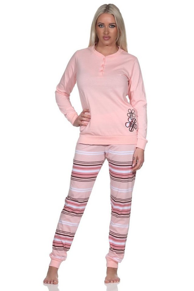 Normann Pyjama Normann Damen Pyjama langarm mit Bündchen und gestreifter Hose von Normann