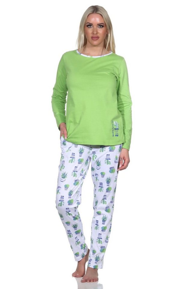 Normann Pyjama Damen Schlafanzug Lang, Oberteil mit Kaktus als Motiv, Hose bedruckt von Normann
