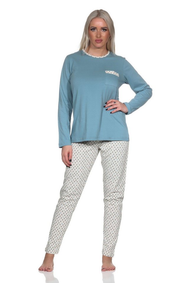 Normann Pyjama Normann Damen Schlafanzug lang mit Pyjamahose in Tupfen Punkte Optik von Normann