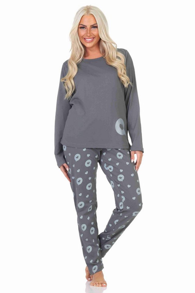 Normann Pyjama Normann Damen Schlafanzug langarm Pyjama in Herz Tupfen Punkte Optik von Normann