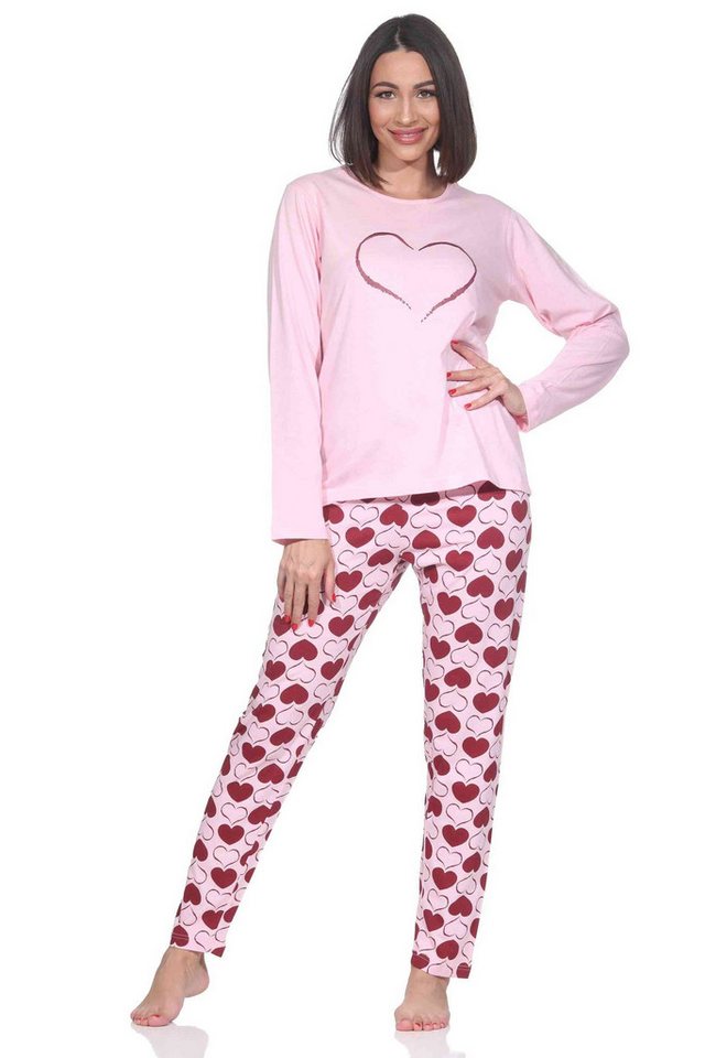 Normann Pyjama Normann Damen Schlafanzug langarm Pyjama in Herz Tupfen Punkte Optik von Normann