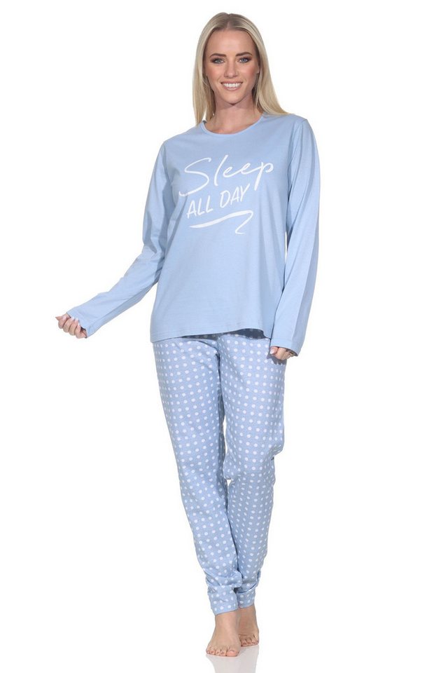 Normann Pyjama Normann Damen Schlafanzug langarm mit Punkte Pyjamahose und Frontprint von Normann