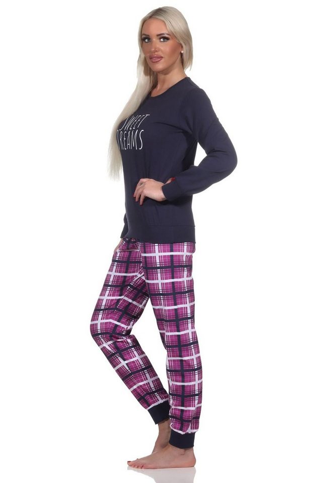 Normann Pyjama Normann Damen Schlafanzug mit Bündchen mit karierter Jersey Hose von Normann