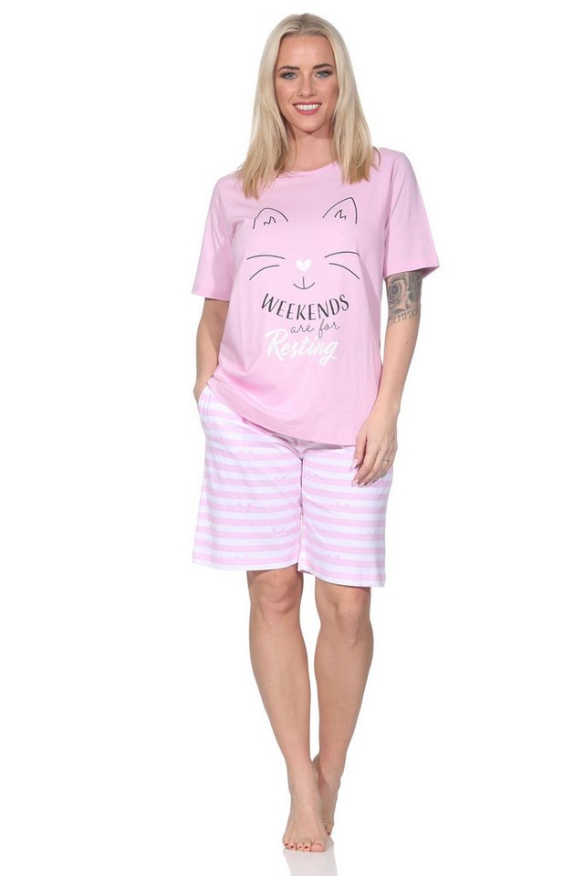Normann Pyjama Normann Damen kurzarm Schlafanzug in Katzen Optik – auch in Übergröße von Normann